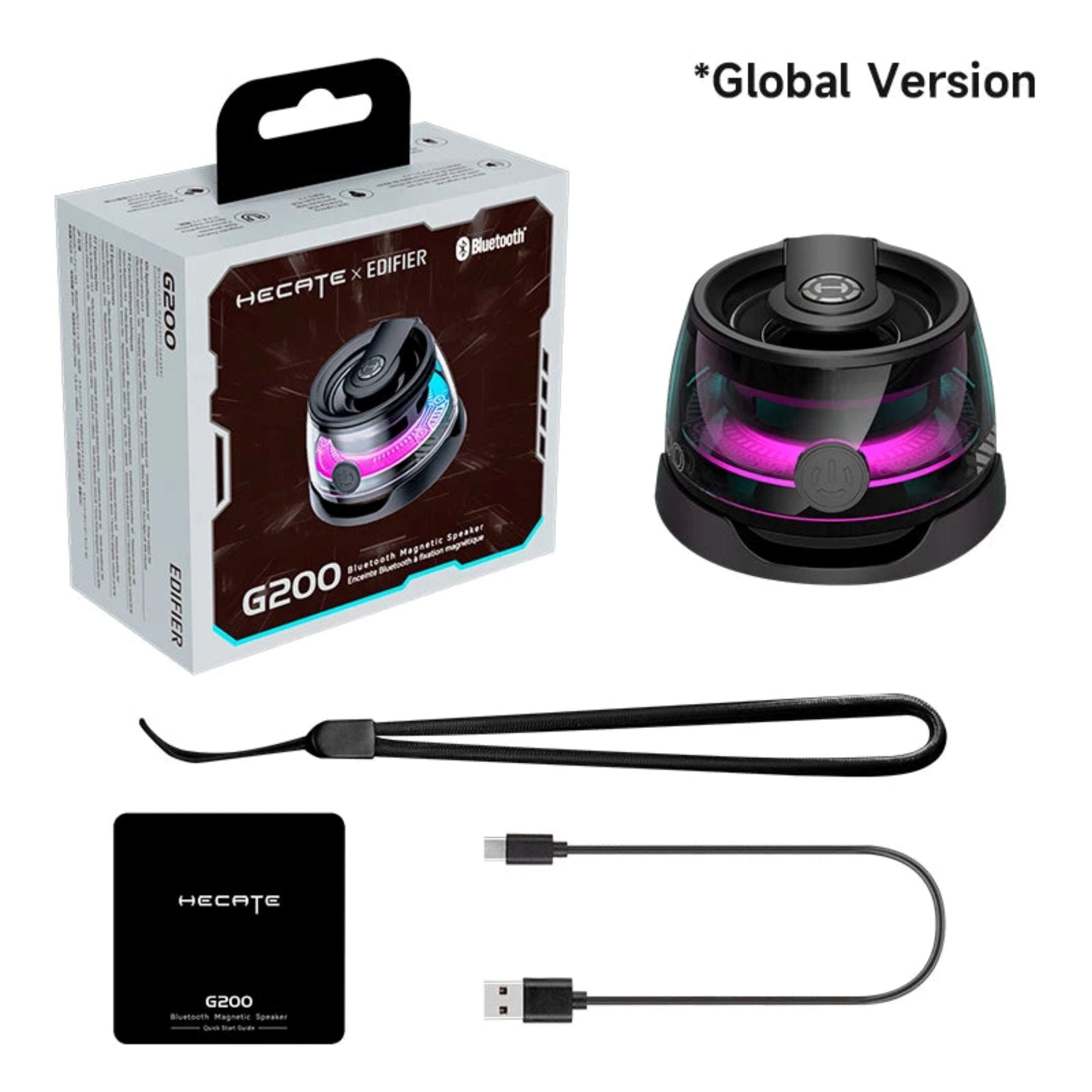 HECATE x Edifier G200 wireless magnetic speaker with packaging, strap, and USB cable on a white background.