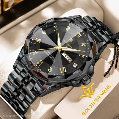 A black stainless steel analog watch with a faceted round case, black link bracelet, gold-tone hands and Roman numeral hour markers, and a day-date window. The watch is displayed on a beige leather-like surface with a branded card and tag reading Goldener Wahl.