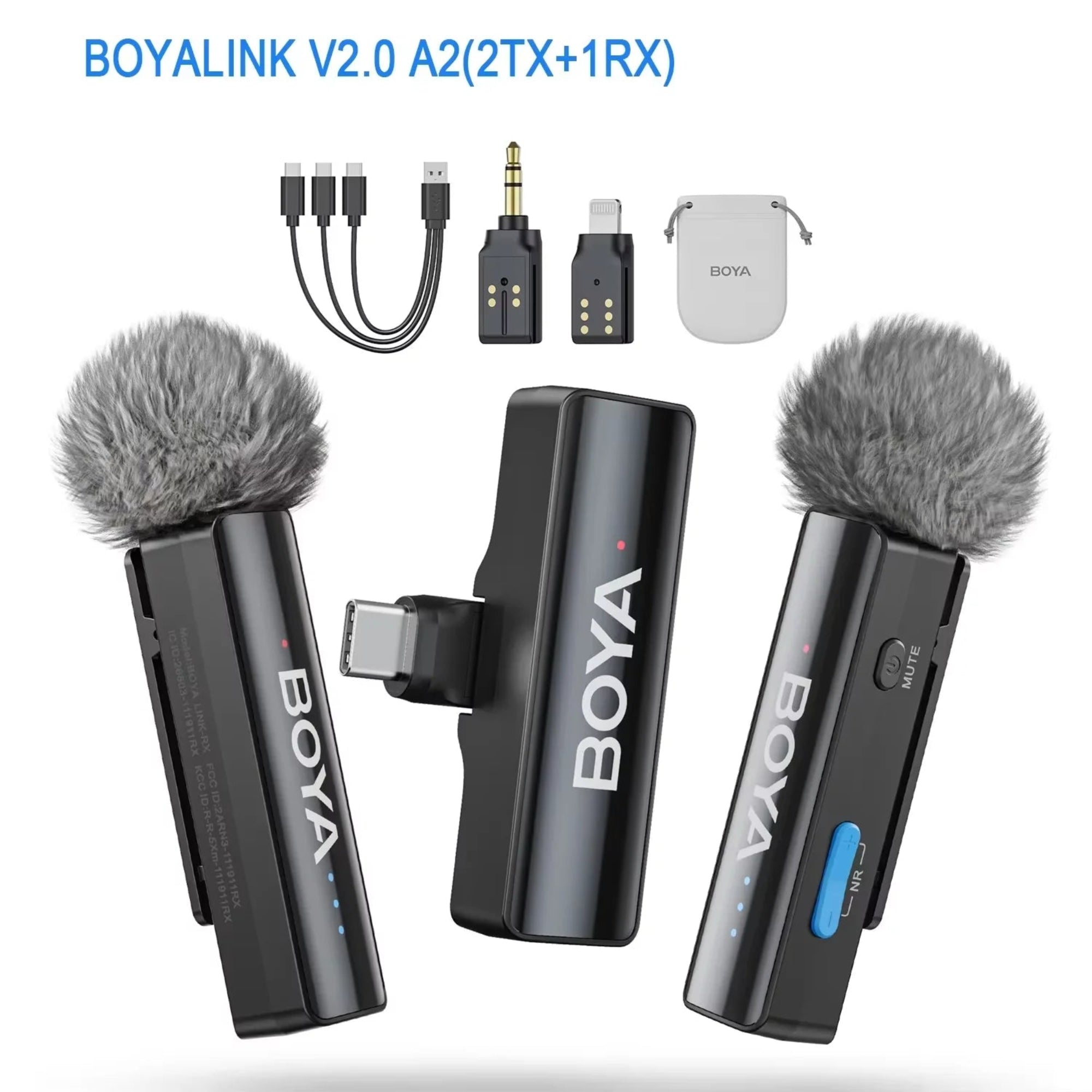 BOYA BoyaLink V2.0 audio recording kit with two microphones and accessories on a white background.