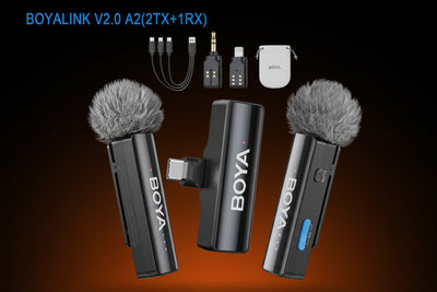 BOYA BoyaLink V2.0 audio recording kit with two microphones and accessories on a white background.