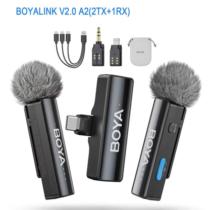 BOYA BoyaLink V2.0 audio recording kit with two microphones and accessories on a white background.