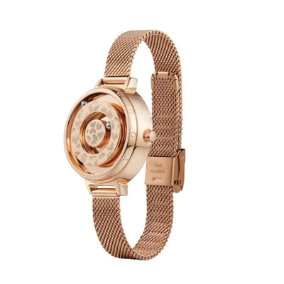 Rose gold watch with mesh band on a white background