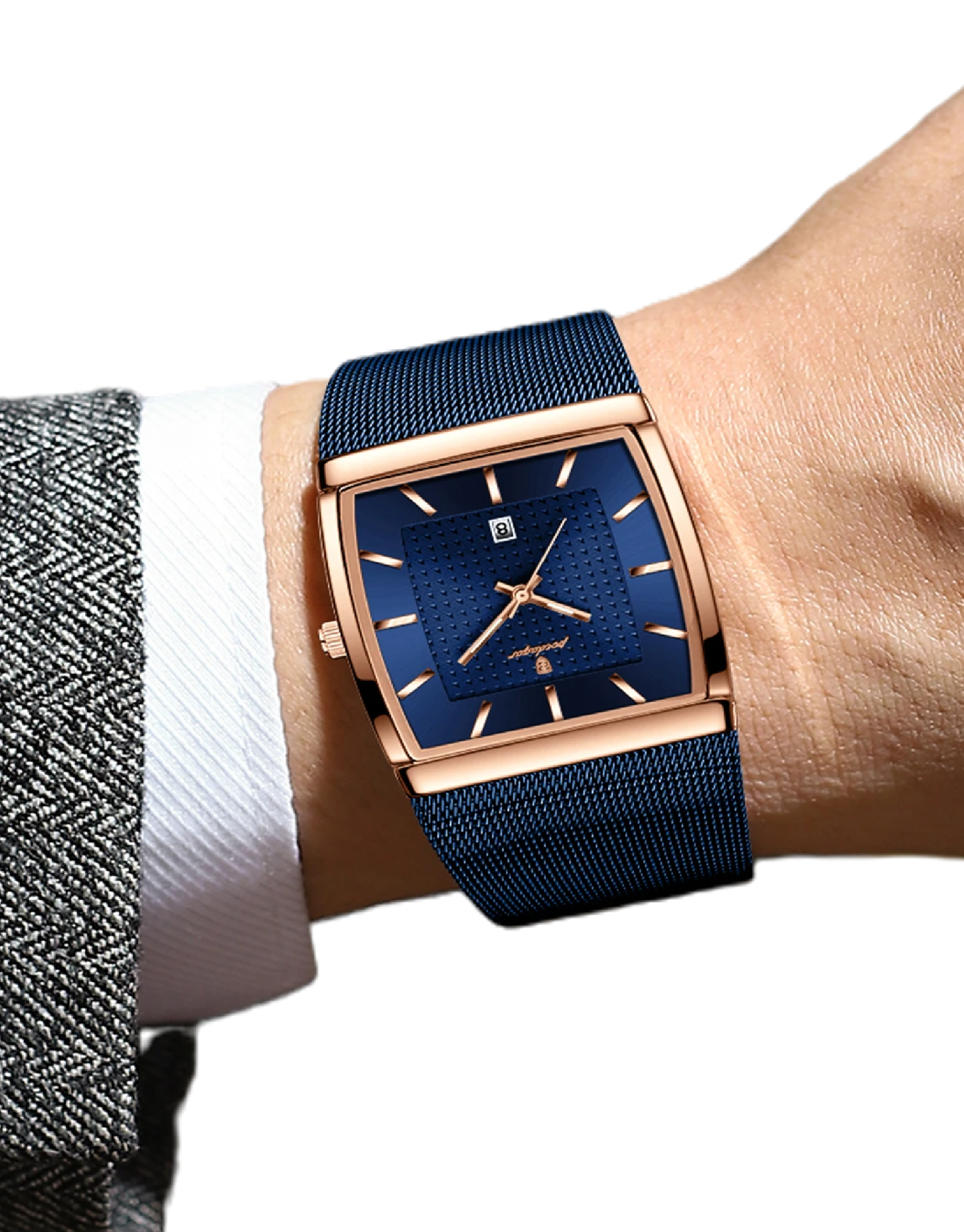Wrist wearing a blue watch with rose gold accents on a white background