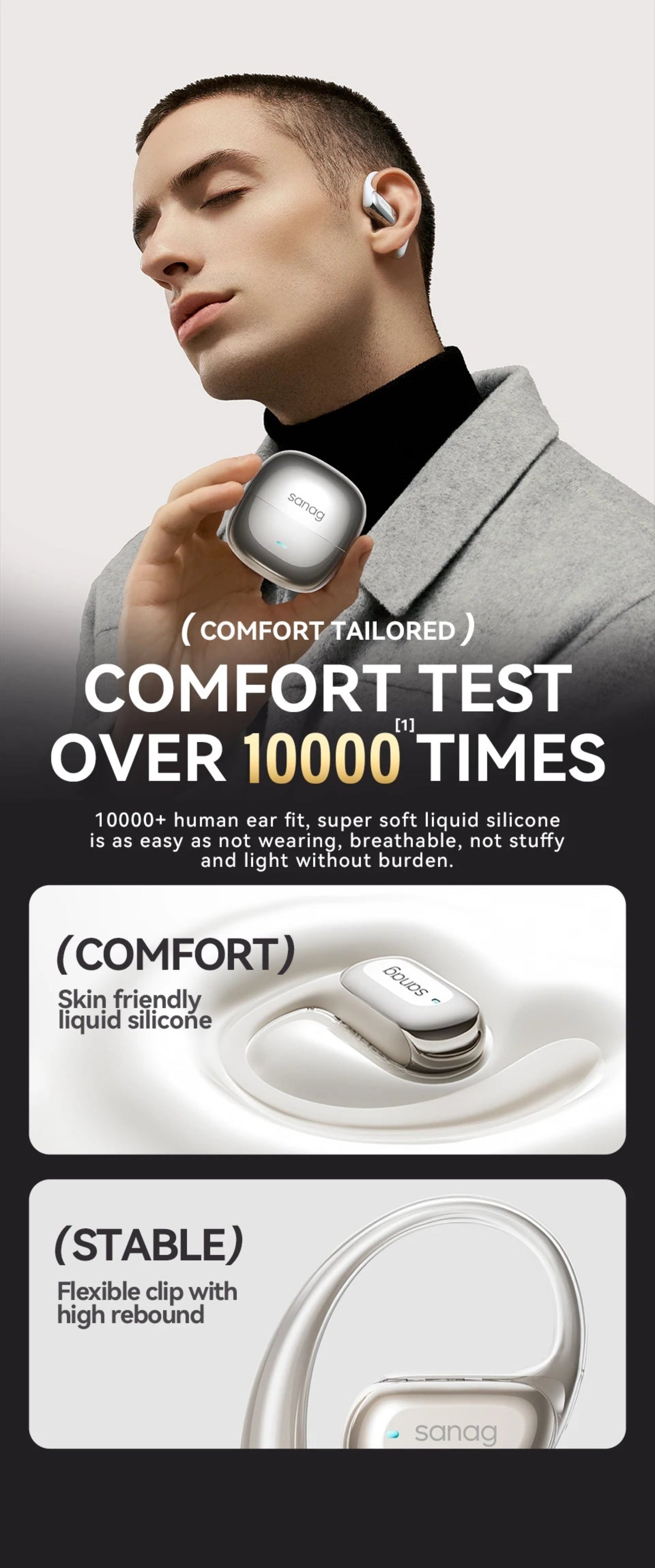 Man wearing earbuds with text about comfort testing and product features.