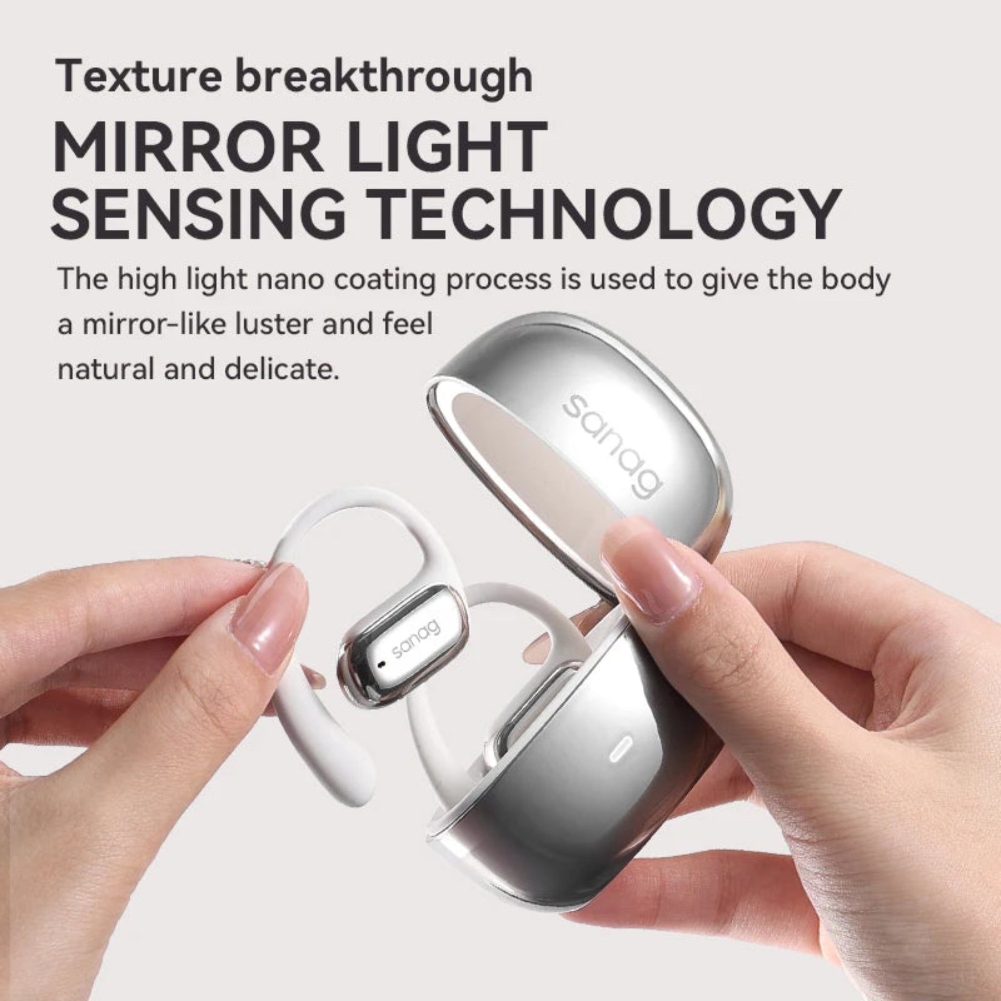 Silver earbud case with 'Sanook' branding held by hands against a white background, with text about mirror light sensing technology.