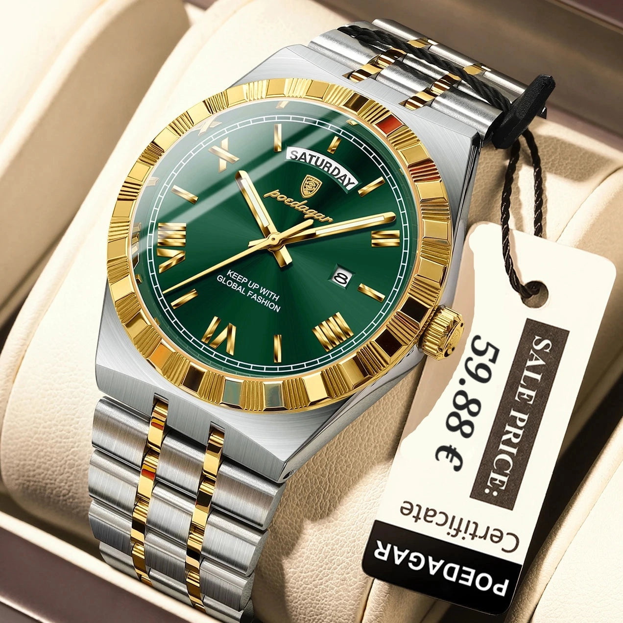 A men's wristwatch with a green dial, gold-tone markers and crown, and a two-tone silver and gold stainless steel link bracelet, displayed inside a beige watch box with a paper tag attached.