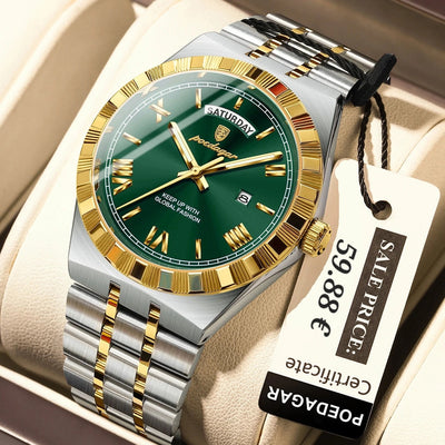 A men's wristwatch with a green dial, gold-tone markers and crown, and a two-tone silver and gold stainless steel link bracelet, displayed inside a beige watch box with a paper tag attached.