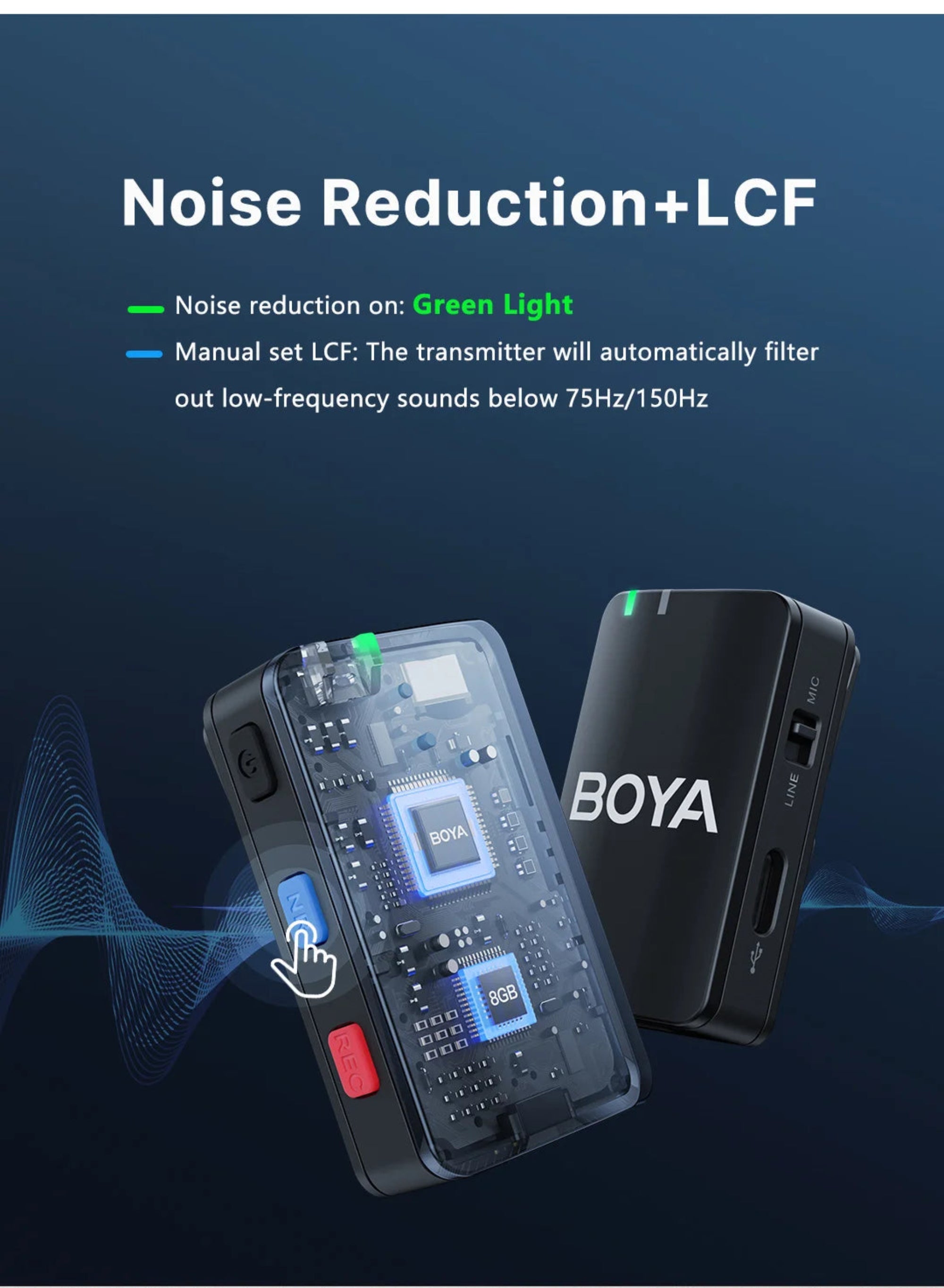 BOYA noise reduction device with text on a dark blue background