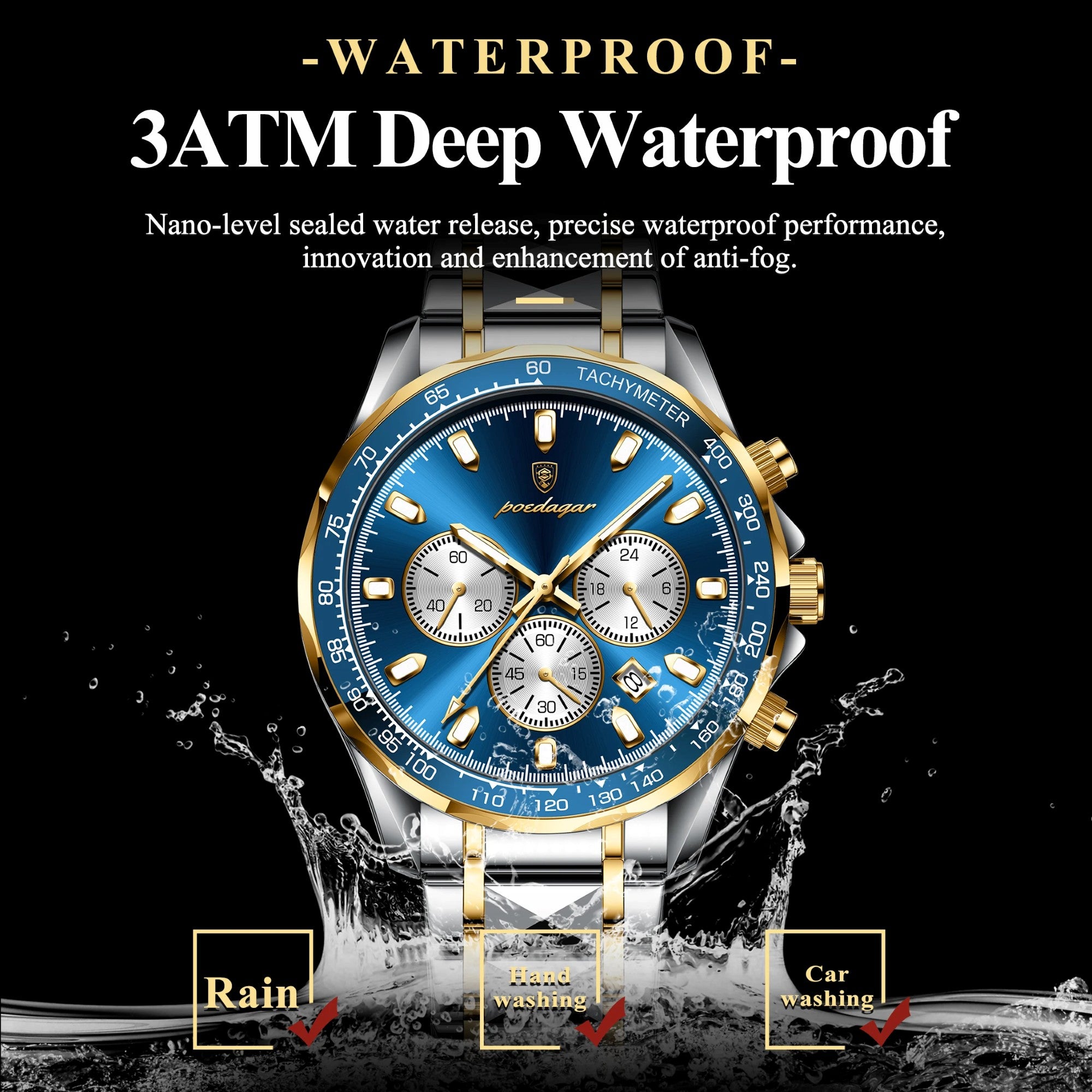 Watch with blue face and gold accents, featuring waterproof text and water splashes on a black background.