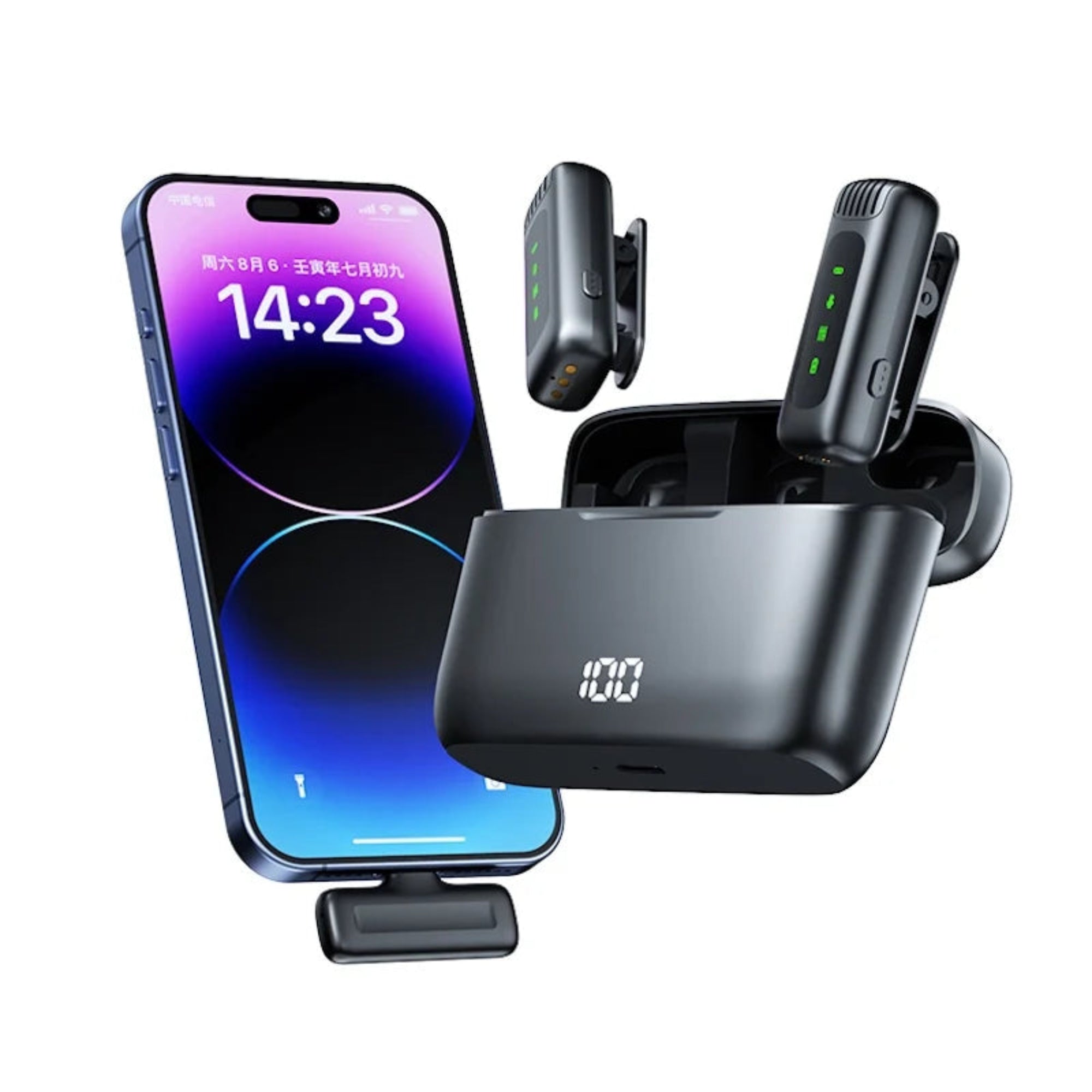 Black wireless earbuds with charging case and smartphone displaying time and date.