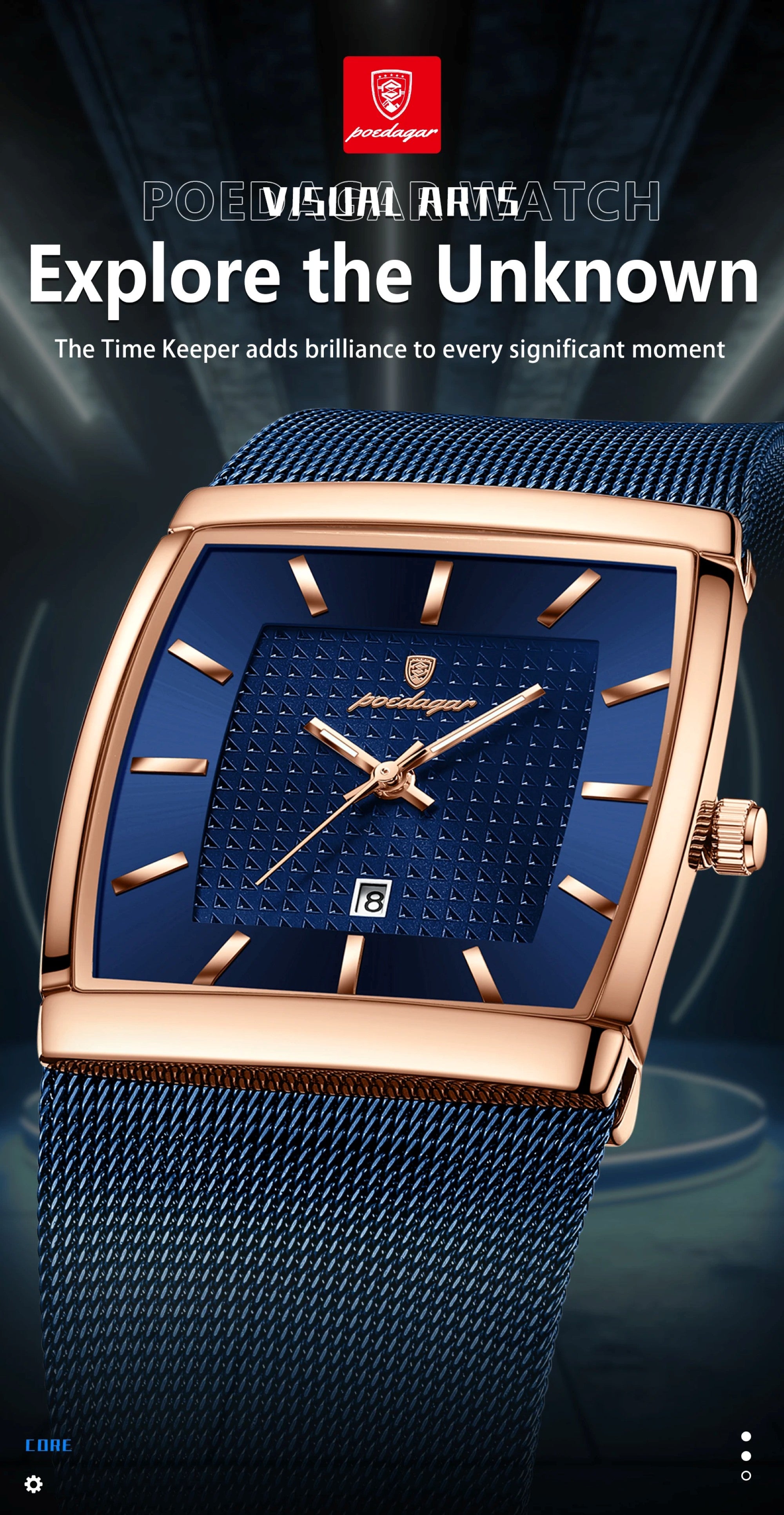 Blue watch with rose gold accents on a dark background, featuring a brand logo.