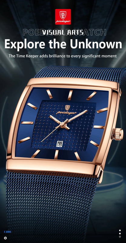 Blue watch with rose gold accents on a dark background, featuring a brand logo.