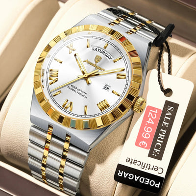 Silver and gold watch with a visible price tag on a beige cushion