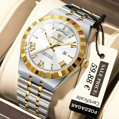 A luxury-style wristwatch with a silver and gold-tone metal link bracelet, a gold bezel, and a white dial with gold hour markers and hands. The watch is displayed inside a beige presentation box with a paper price tag attached.