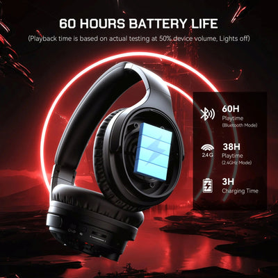 Headphones with battery life display on a dark background