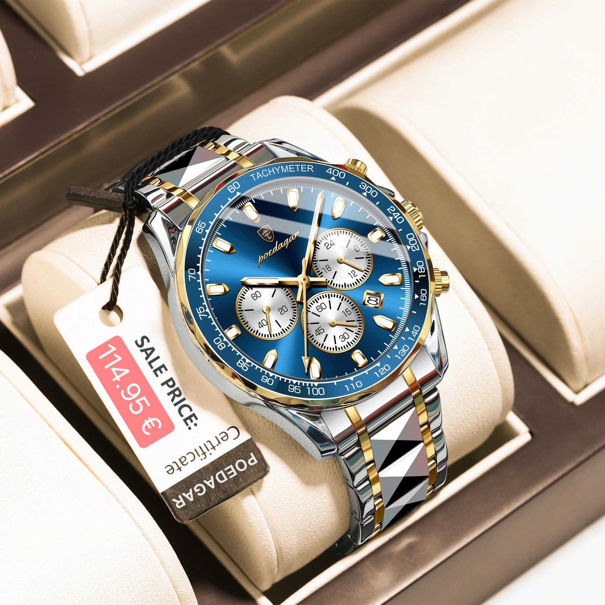 Luxury watch with blue face and gold accents on a display stand, featuring a visible price tag.
