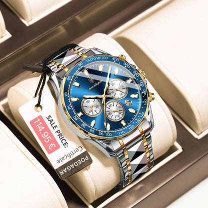 Luxury watch with blue face and gold accents on a display stand, featuring a visible price tag.