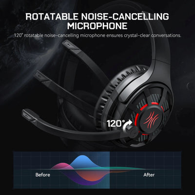 Headphones with a rotatable noise-cancelling microphone on a dark background
