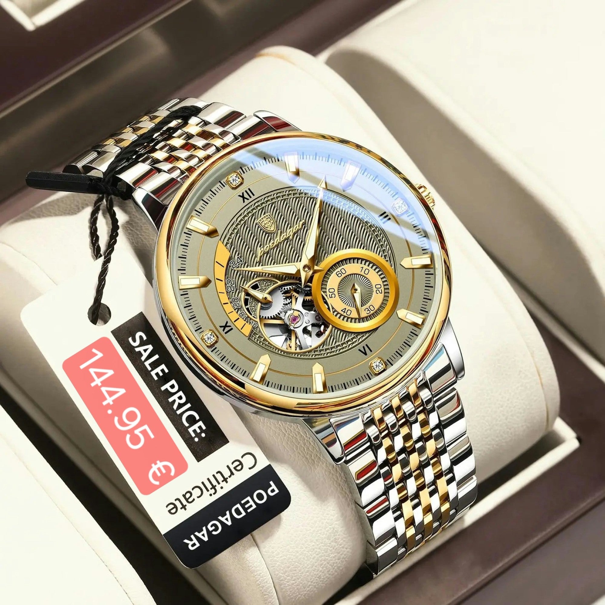 Luxury watch with gold and silver band on a white cushion, price tag visible.