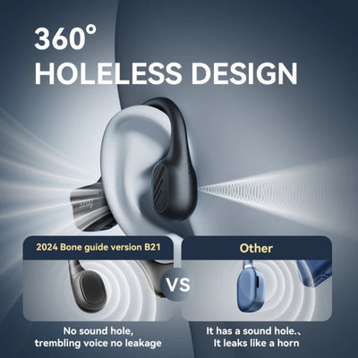 360-degree holeless design comparison of earbuds with text on a dark background