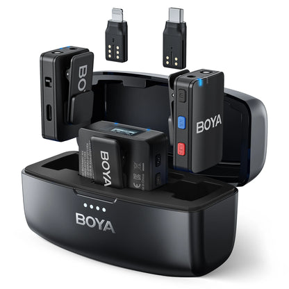 Boya wireless microphone system with receiver, transmitter, and battery on a white background