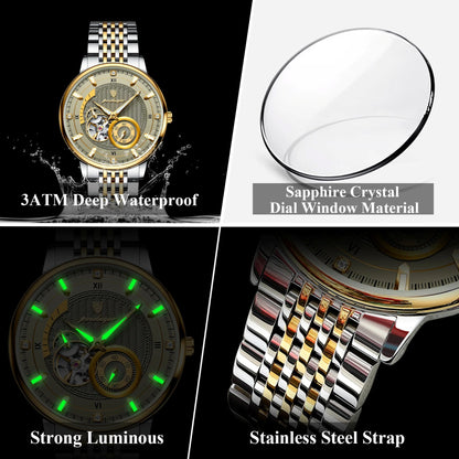 Collage of a watch with features highlighted, including waterproof, crystal material, luminous, and strap details.