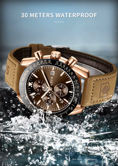 Watch with brown leather strap and rose gold accents, submerged in water with '30 Meters Waterproof' text above.