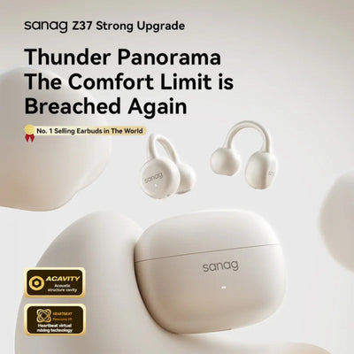 White wireless earbuds with charging case on a light gray background, featuring the brand 'sanag'.