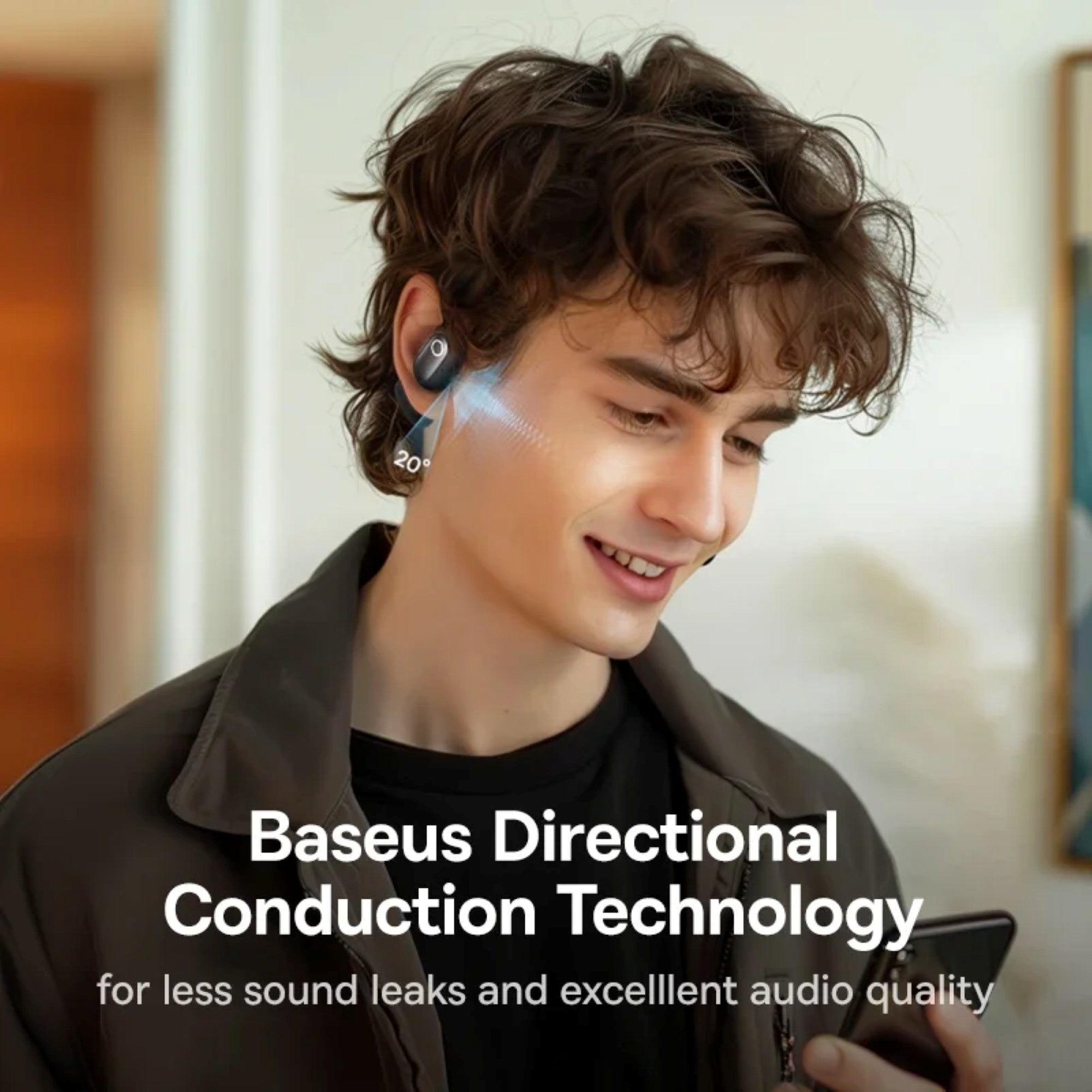 Person wearing a wireless earbud with text about Baseus Directional Conduction Technology.