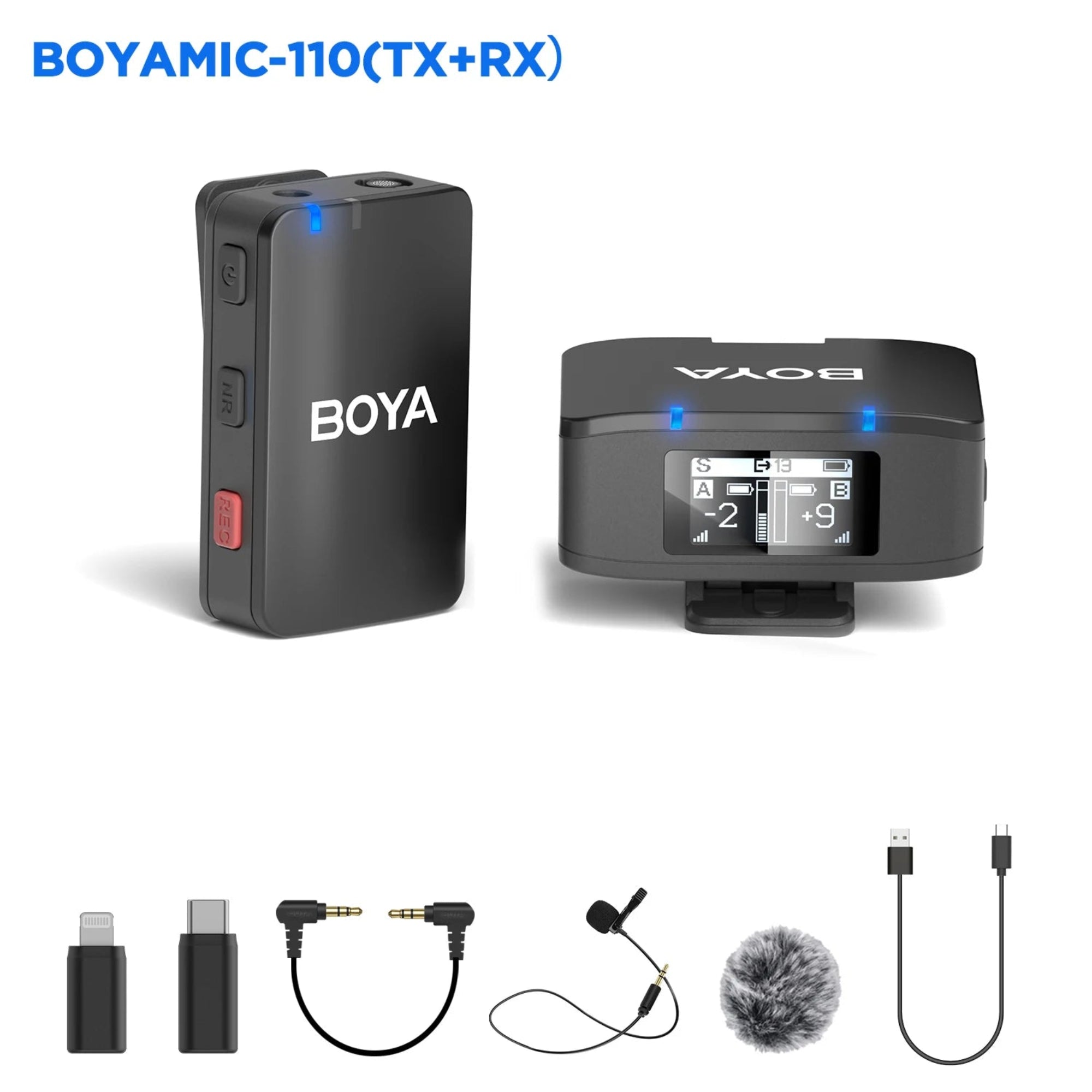 BOYA wireless microphone transmitter and receiver set with accessories on a white background