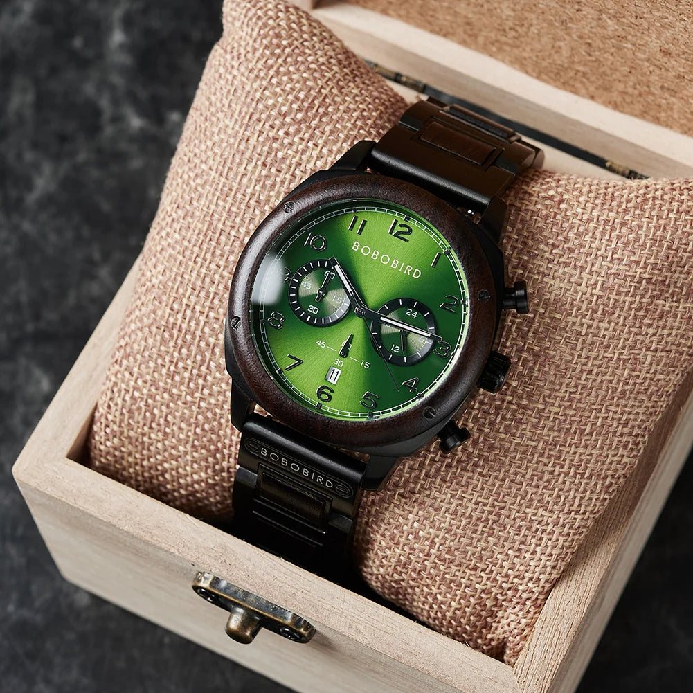 A BOBOBIRD men's watch with a green dial and dark brown wood/metal bracelet, presented inside a light wood gift box with a beige fabric cushion.