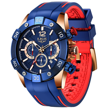 Multicolored watch with blue, red, and gold accents on a white background