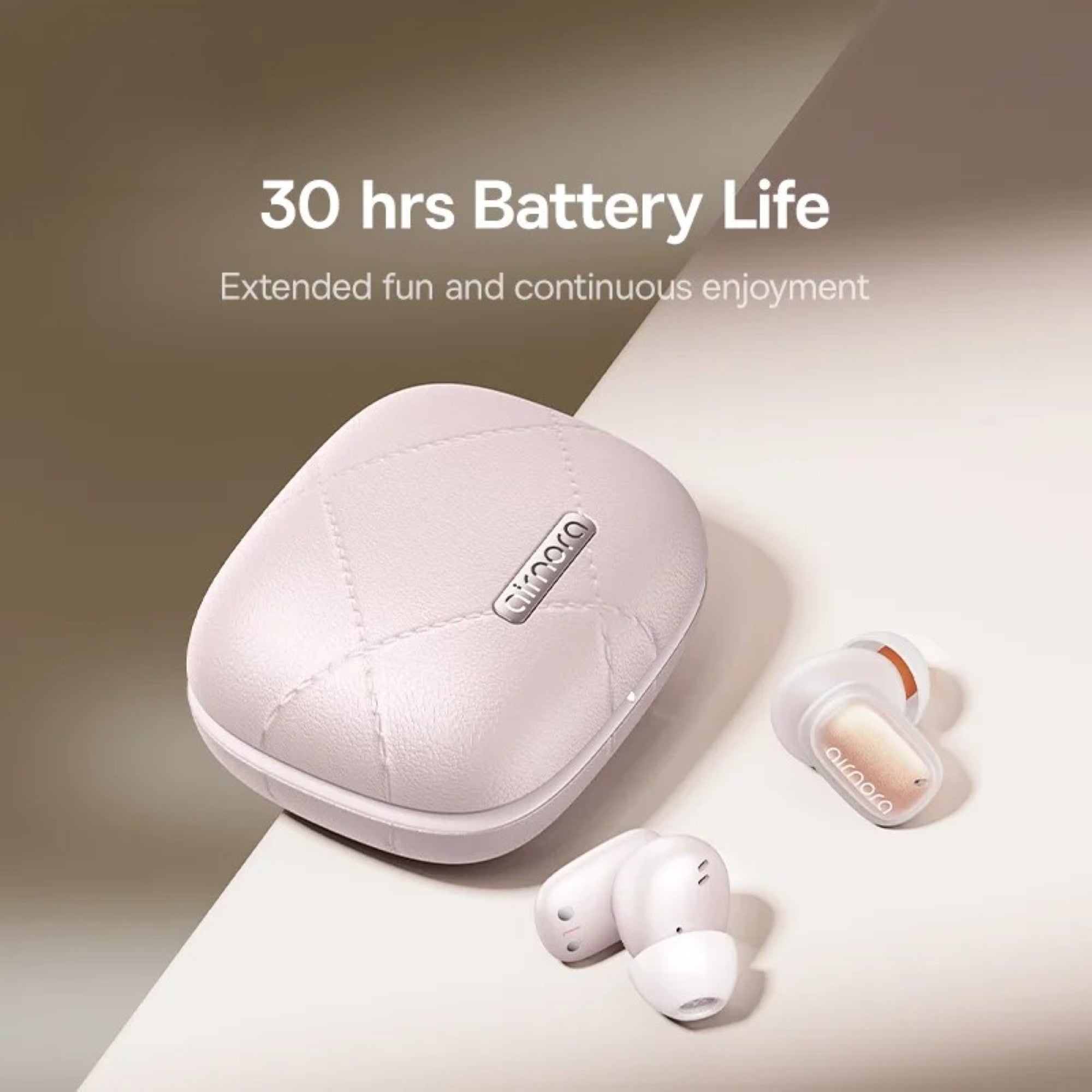 Wireless earbuds with charging case on a light background, highlighting 30-hour battery life.