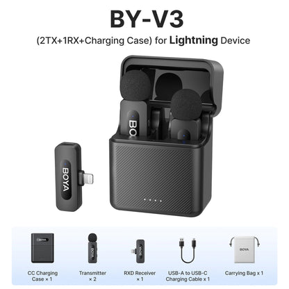 Boya BY-V3 wireless microphone system with charging case on a white background