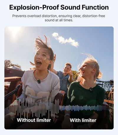 People enjoying a ride with text about explosion-proof sound function and audio limiter effects.