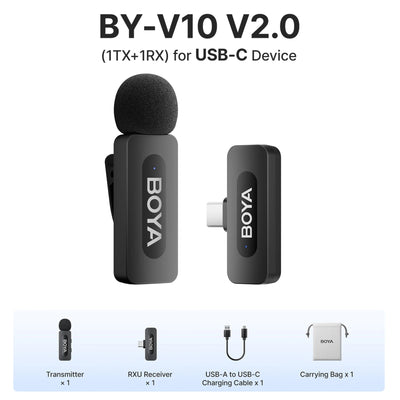 BOYA BY-V10 V2.0 wireless microphone system with transmitter, receiver, charging cable, and carrying bag on a white background.