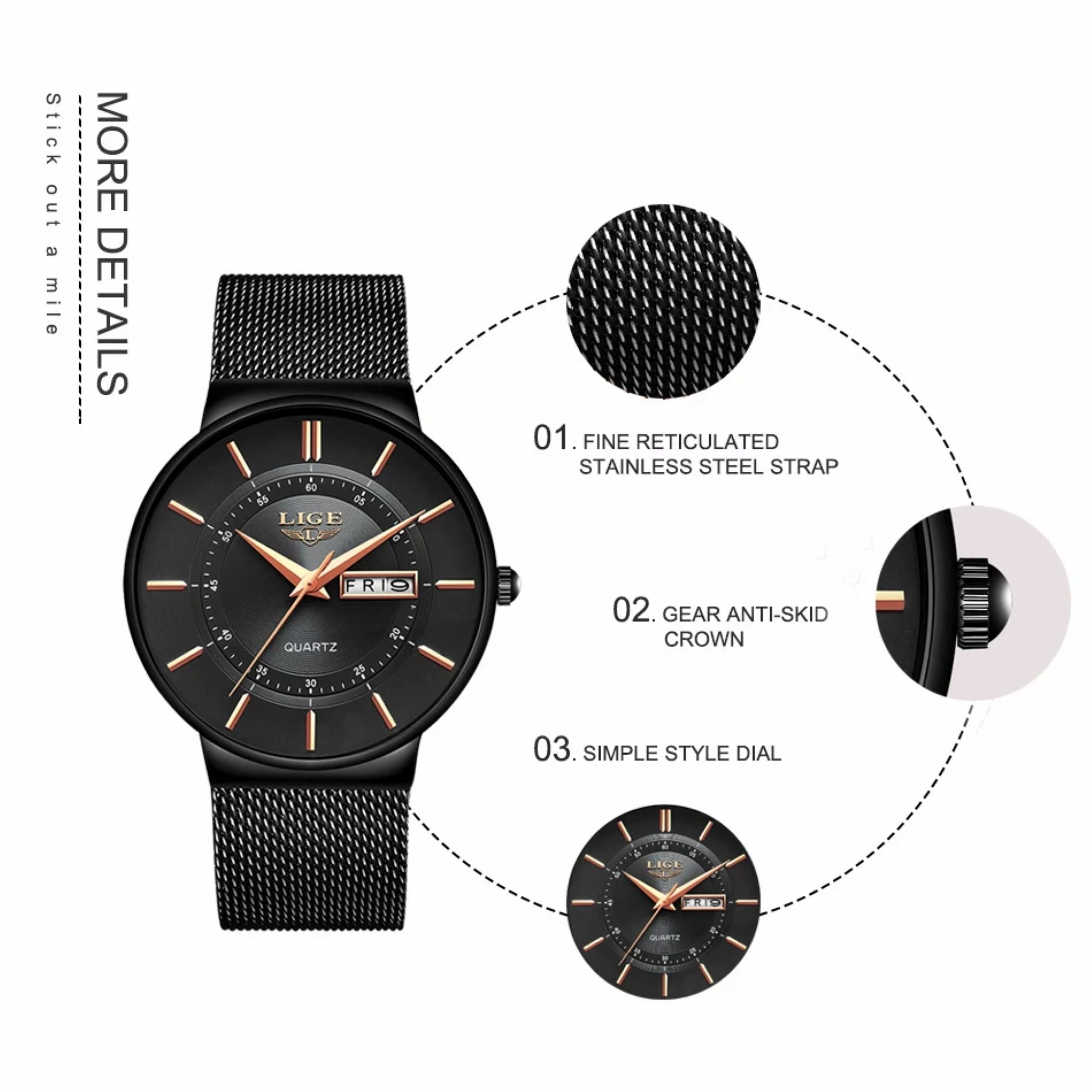 Black watch with detailed features on a white background