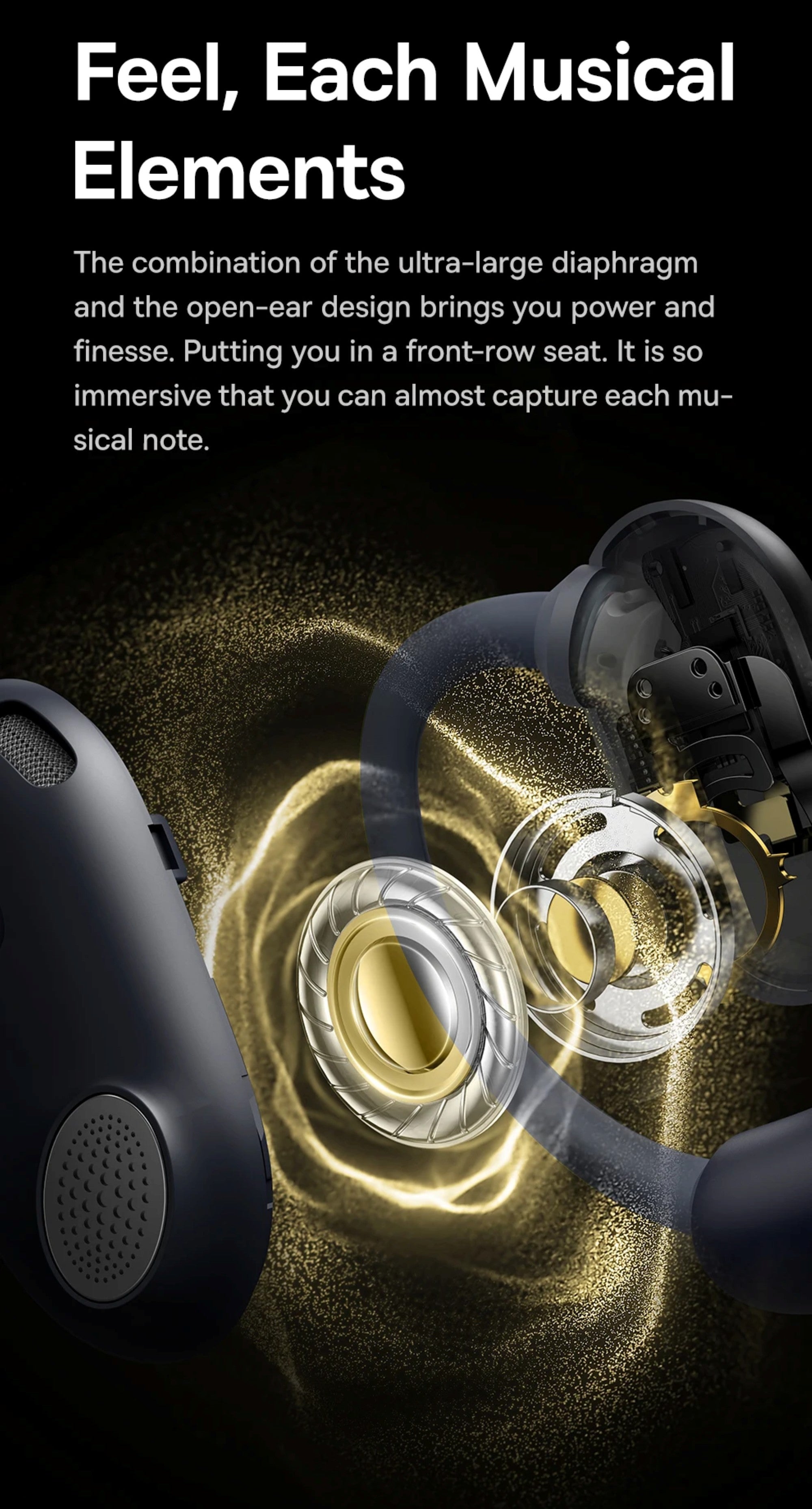 Close-up of a high-end earbud with detailed design elements on a dark background