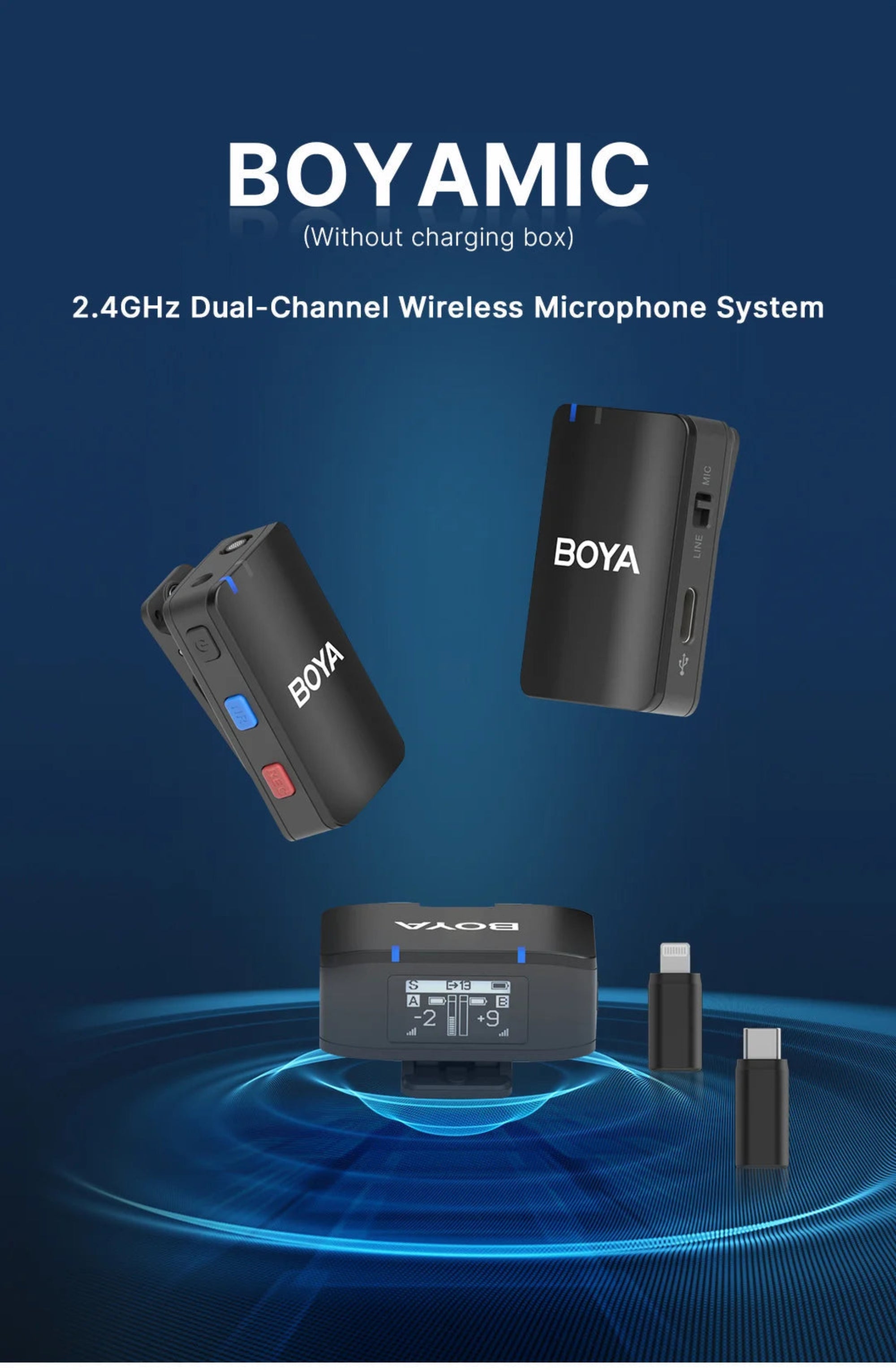 BOYA 2.4GHz Dual-Channel Wireless Microphone System on a blue background