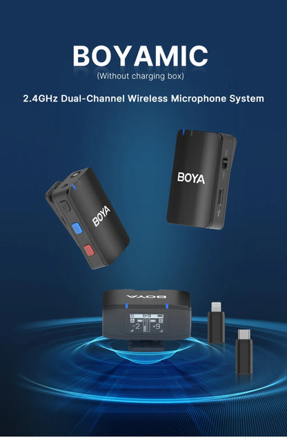 BOYA 2.4GHz Dual-Channel Wireless Microphone System on a blue background