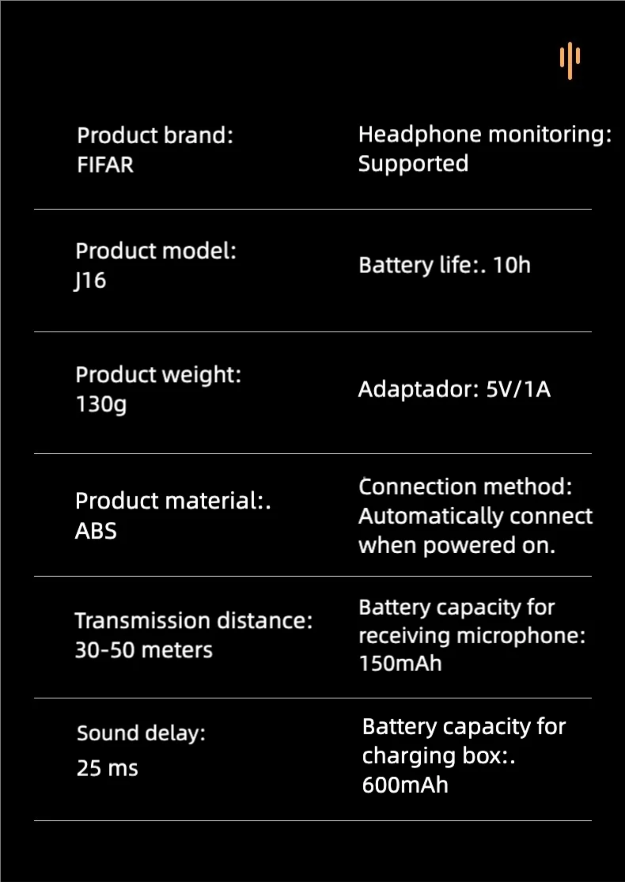 Product specifications for a FIFAR J16 headphone monitoring device on a black background.