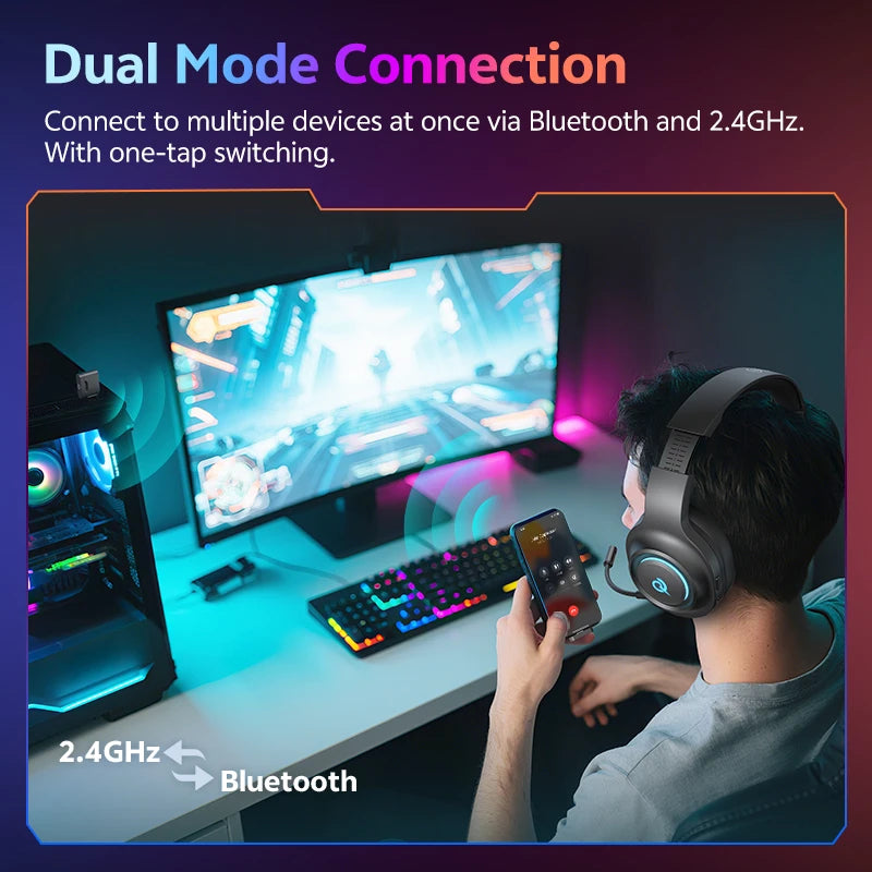Person using headphones and smartphone with dual mode connection text overlay