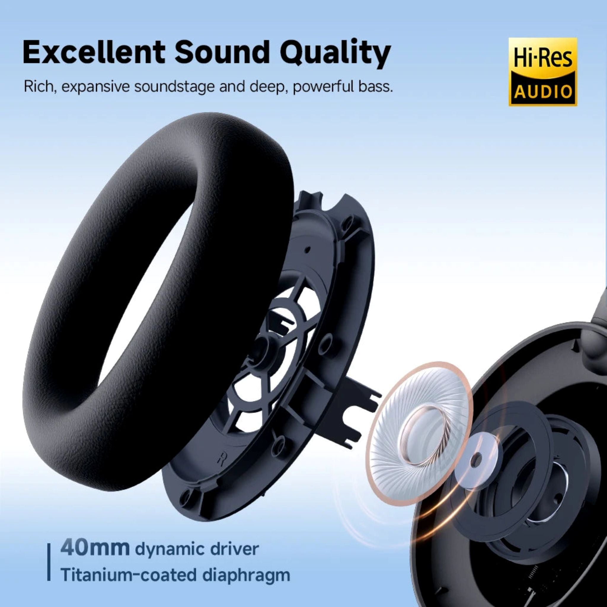 Speaker driver with Hi-Res Audio logo and text about sound quality on a blue background