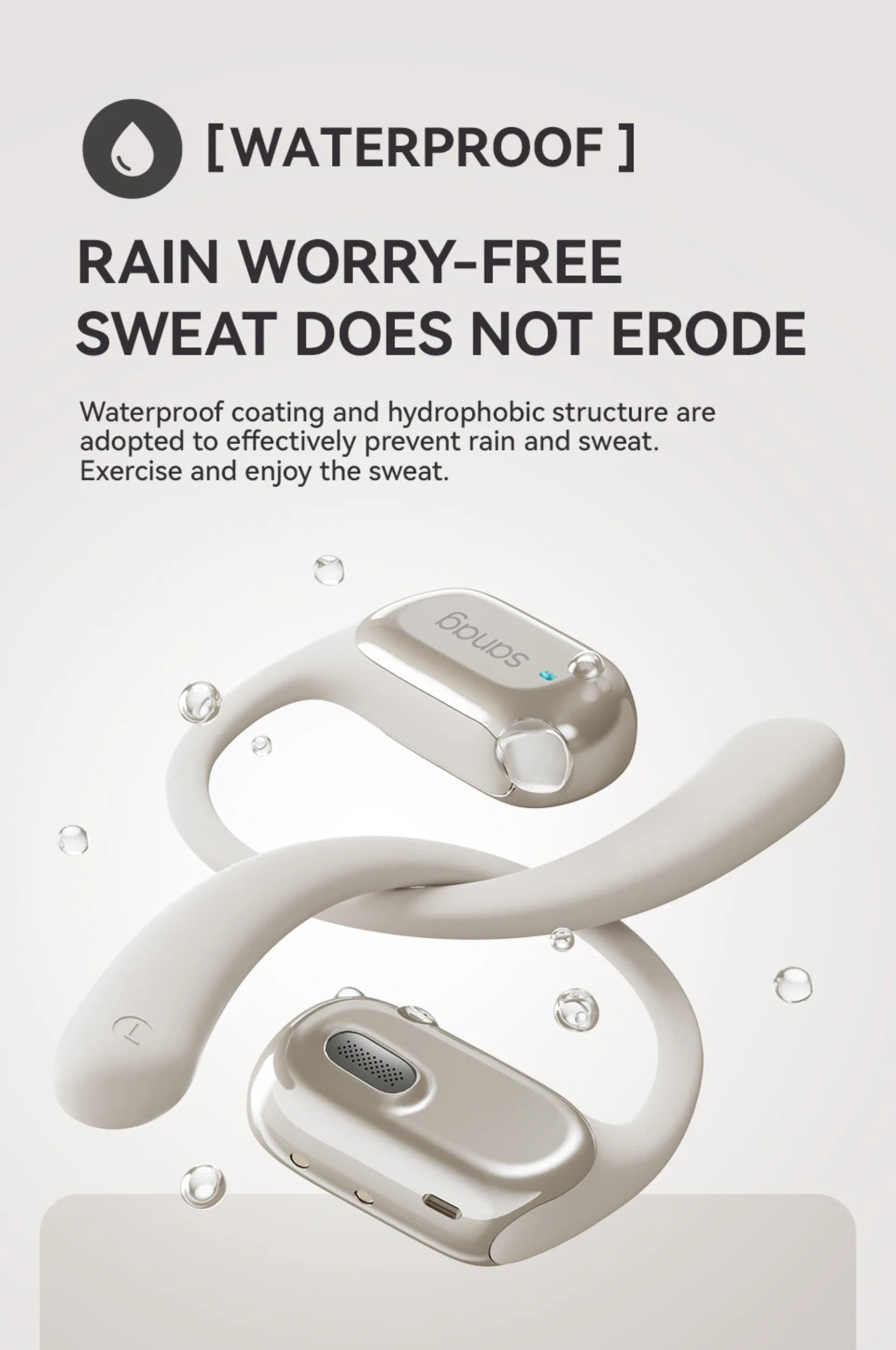 White electronic device with waterproof feature on a light gray background