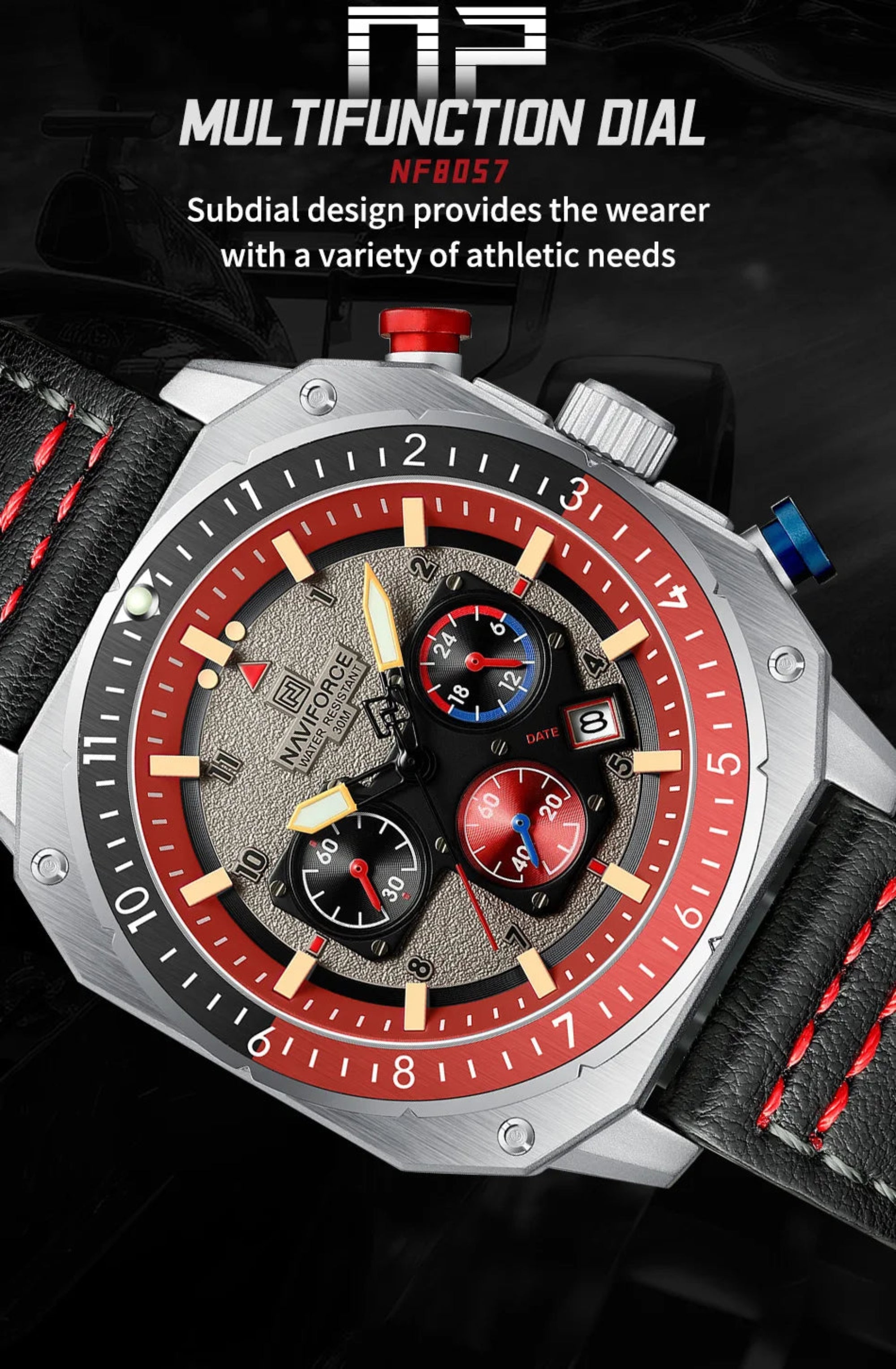 Wristwatch with multifunctional dial on a dark background