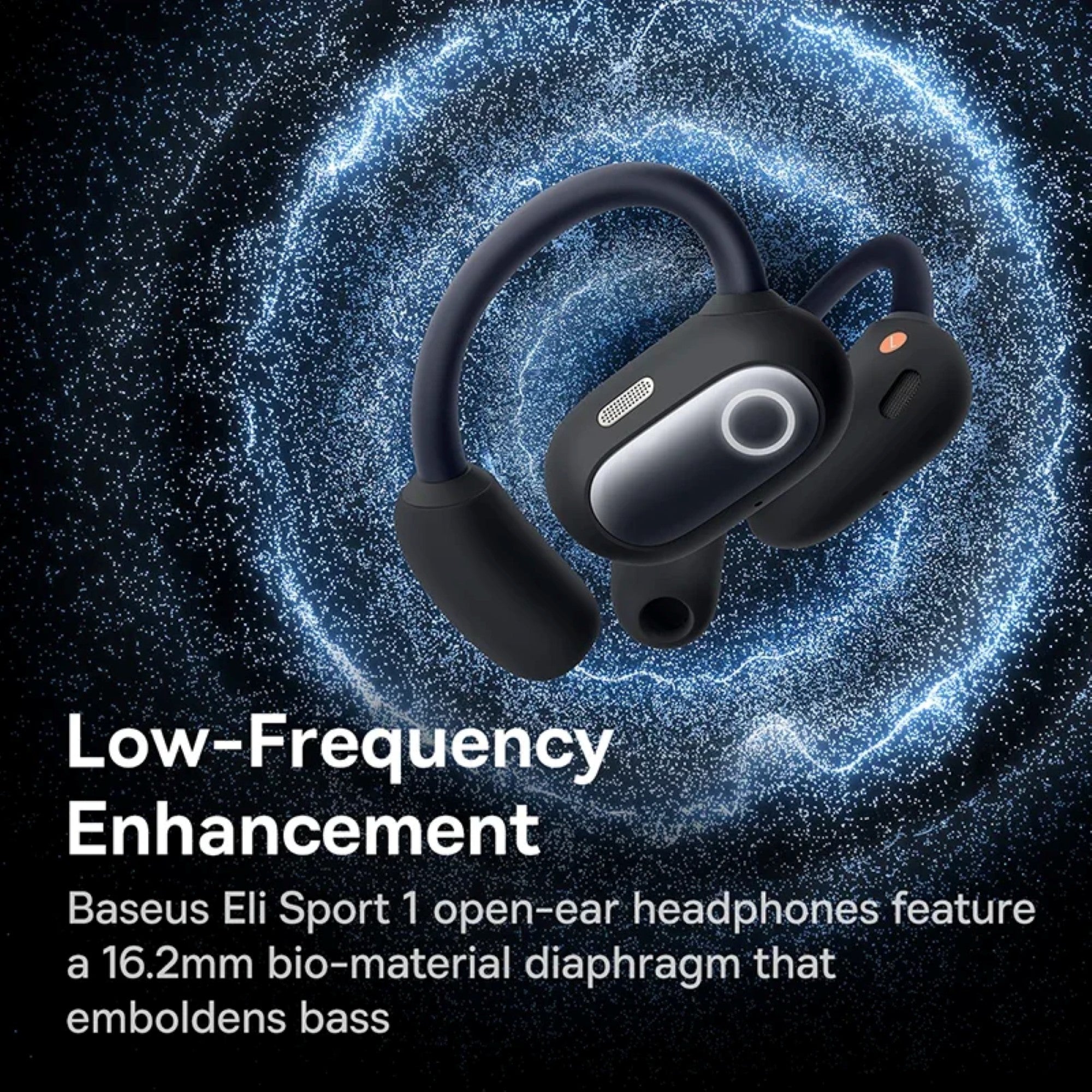 Black open-ear headphones with text about low-frequency enhancement on a dark background