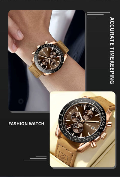 Fashion watch with brown leather strap and detailed face on a person's wrist, with text 'Accurate Timekeeping' and 'Fashion Watch'.