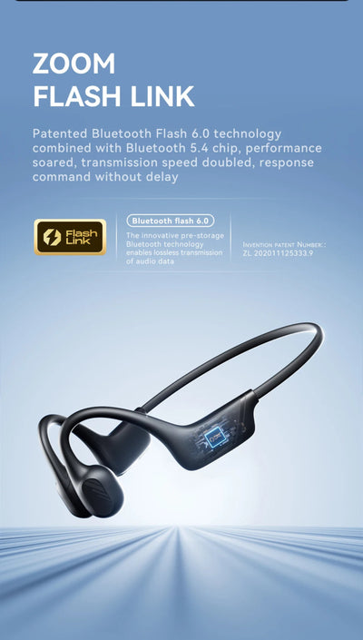 Wireless earbuds with Bluetooth technology on a blue gradient background.