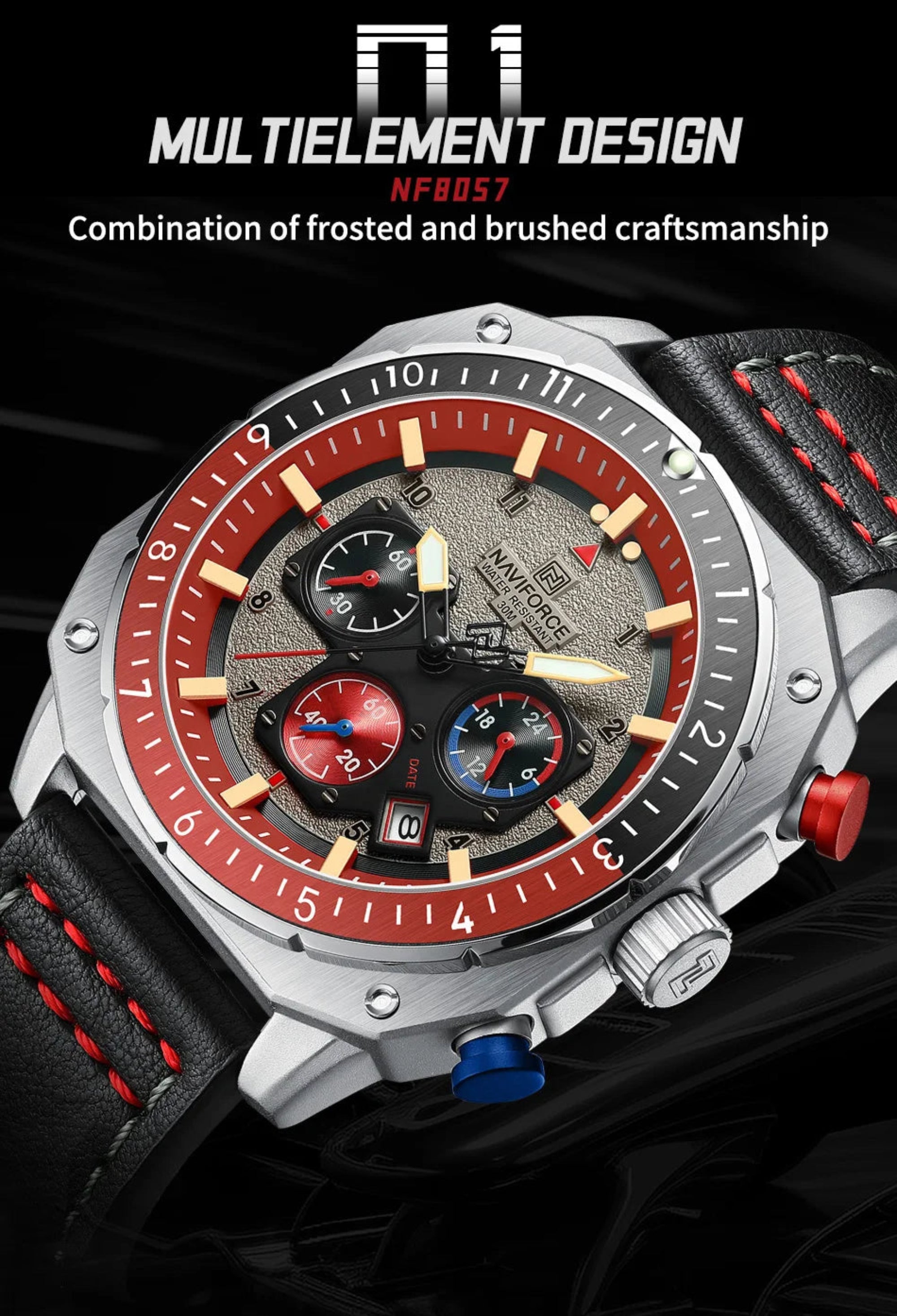 Wristwatch with red and black design on a dark background