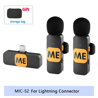 Two microphones with 'ME' labels and a lightning connector device, accompanied by a storage bag on a white background.